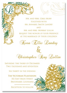 Gold and Green Winter Pinecone Wedding Invitation